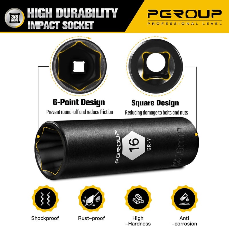 pgroup 3/8” Drive Deep Impact Socket, Metric(16mm socket), 6-Point, Cr-V Steel With Black Manganese Phosphate Coating - Image 4